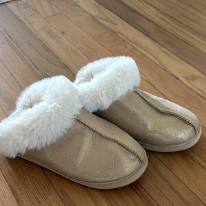 LC Lauren Conrad Metallic Gold Slippers with Plush White Trim